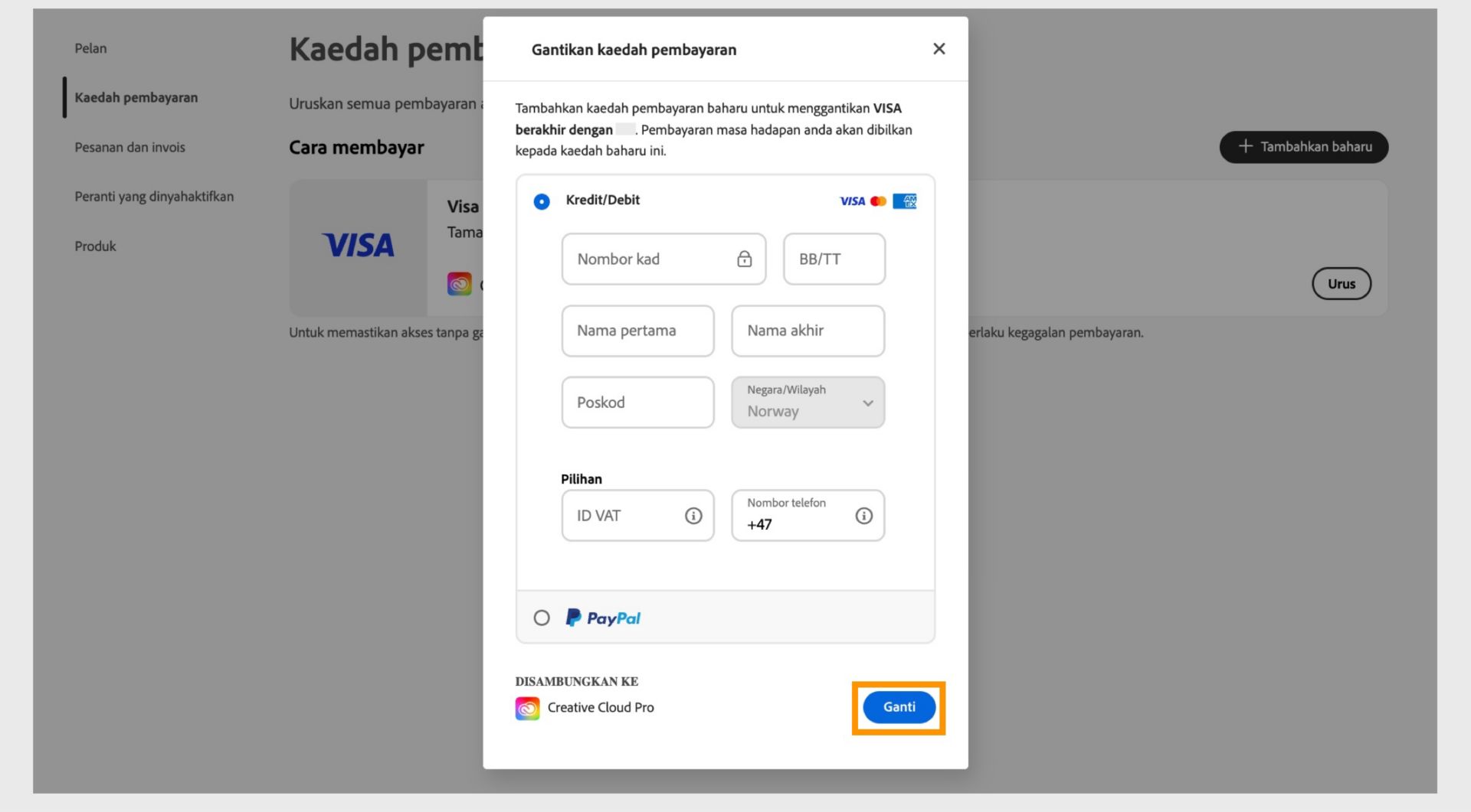 Tetingkap Ganti kaedah pembayaran menyediakan pilihan untuk menggantikan kaedah pembayaran sedia ada dengan kaedah baharu selepas anda memasukkan maklumat pembayaran baharu.