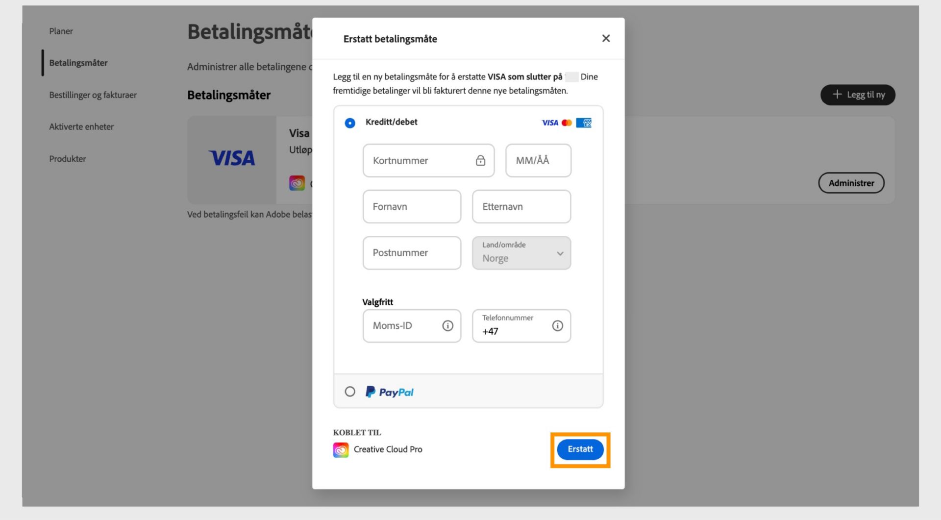 Vinduet Erstatt betalingsmåte gir deg muligheten til å erstatte den eksisterende betalingsmåten med den nye metoden etter at du har skrevet inn den nye betalingsinformasjonen.