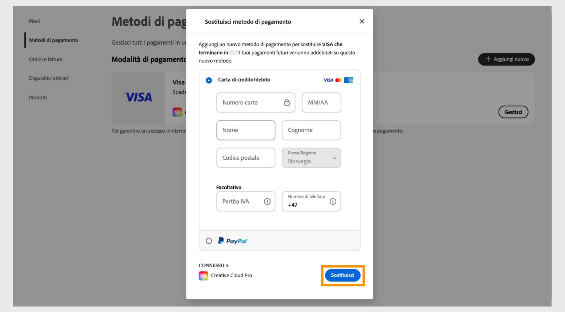 La finestra Sostituisci metodo di pagamento offre l'opzione di sostituire il metodo di pagamento esistente con quello nuovo dopo aver immesso le nuove informazioni di pagamento.