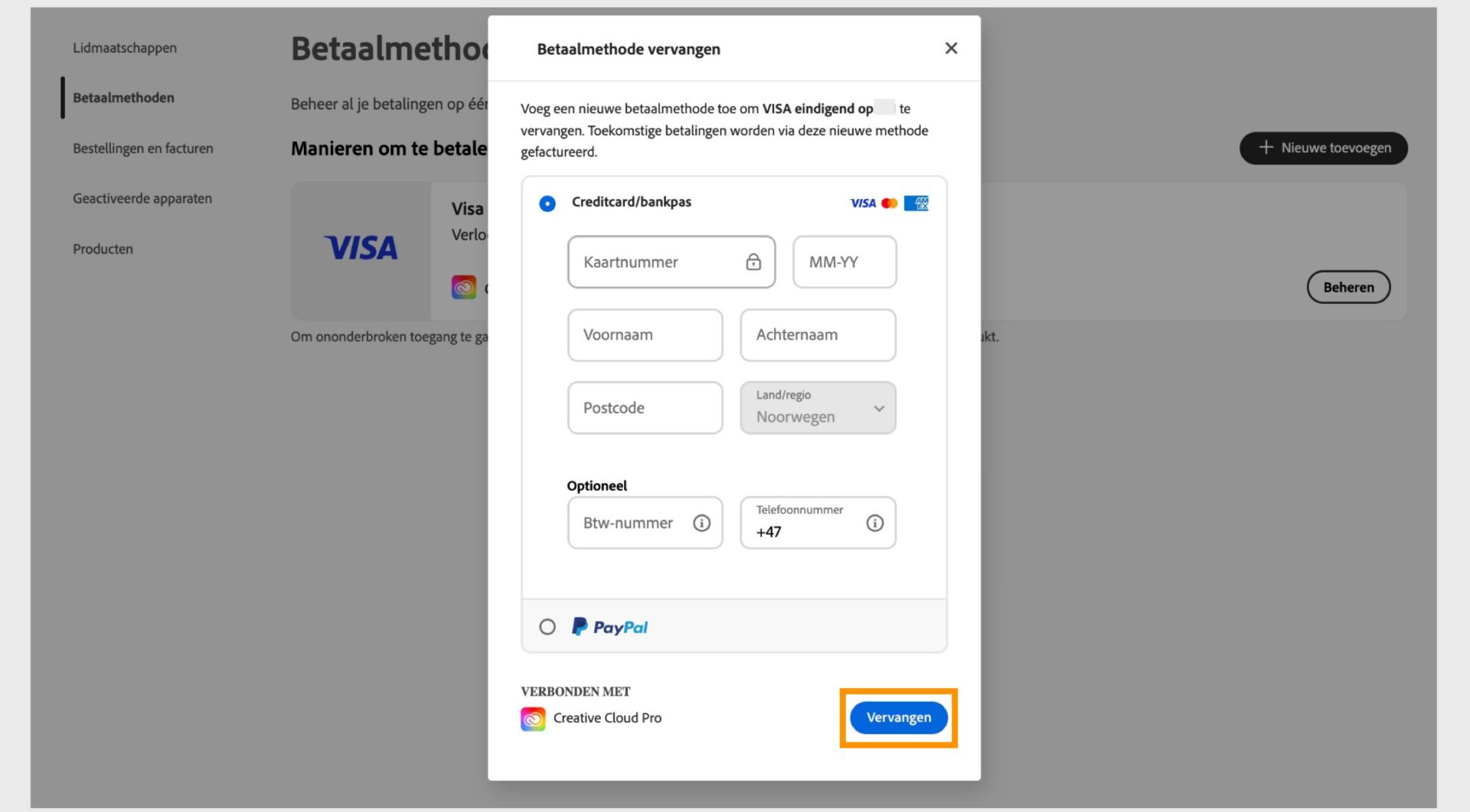 Het venster Betalingsmethode vervangen biedt de optie om de bestaande betalingsmethode te vervangen door de nieuwe methode nadat je de nieuwe betalingsinformatie hebt ingevoerd.