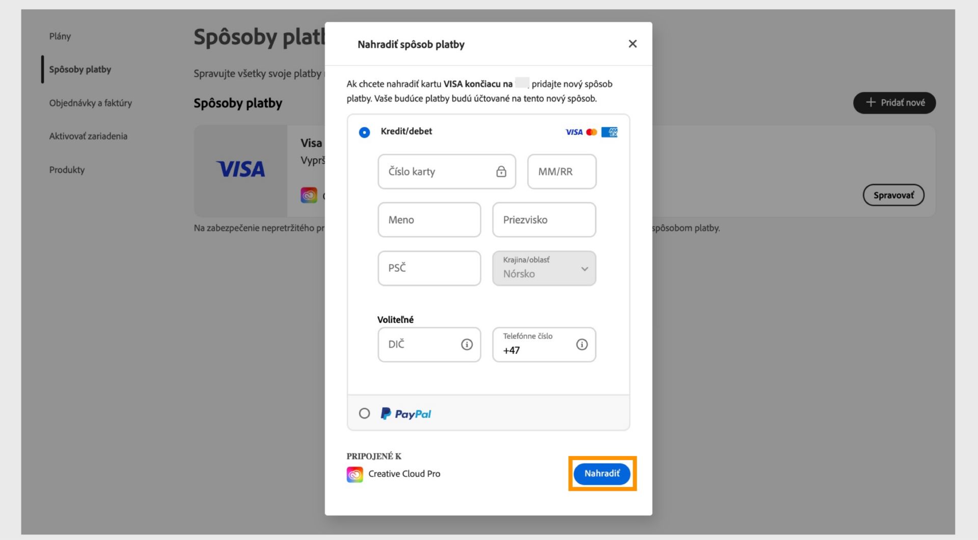 Okno Nahradiť spôsob platby poskytuje možnosť nahradiť existujúci spôsob platby novým spôsobom po zadaní nových informácií o platbe.