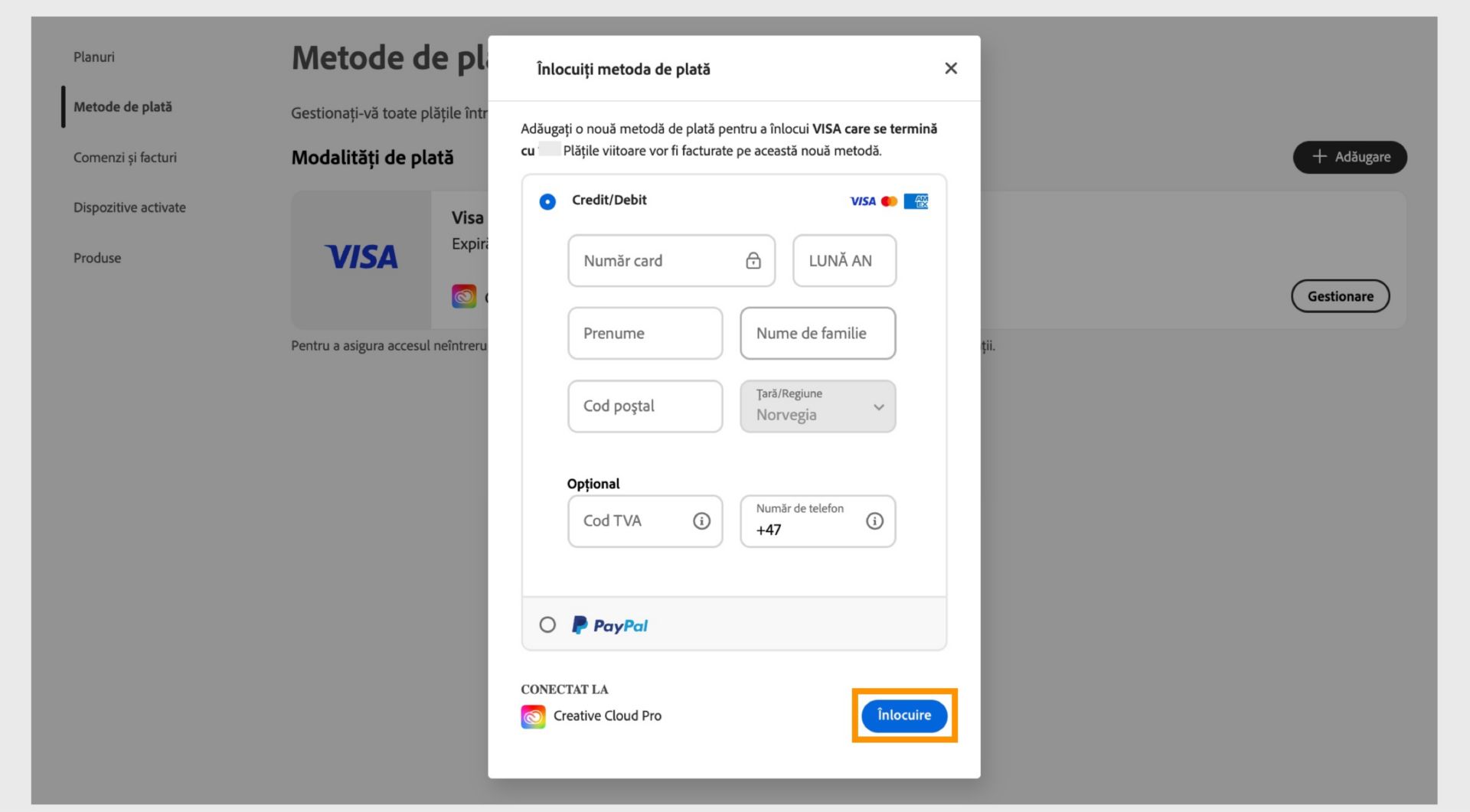 Fereastra Înlocuiește metoda de plată oferă opțiunea de a înlocui metoda de plată existentă cu noua metodă după ce introduceți noile informații de plată.