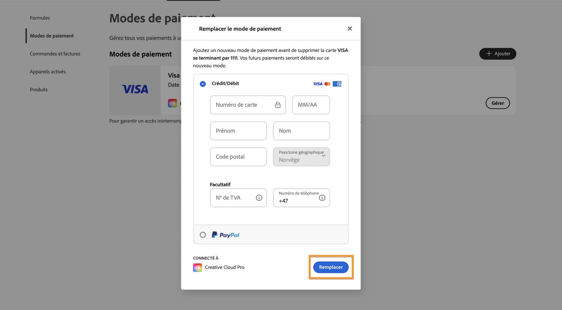 La fenêtre Remplacer le mode de paiement offre la possibilité de remplacer le mode de paiement existant par la nouvelle méthode après avoir saisi les nouvelles informations de paiement.