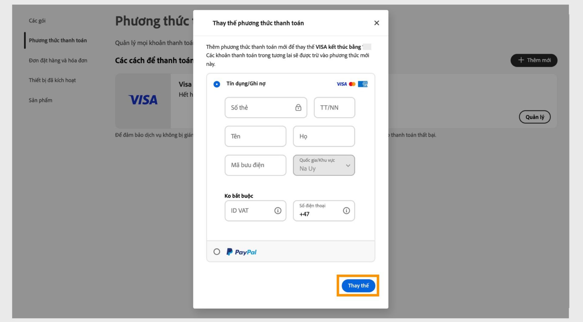 Cửa sổ Thay thế phương thức thanh toán cung cấp tùy chọn thay thế phương thức thanh toán hiện tại bằng phương thức mới sau khi bạn nhập thông tin thanh toán mới.