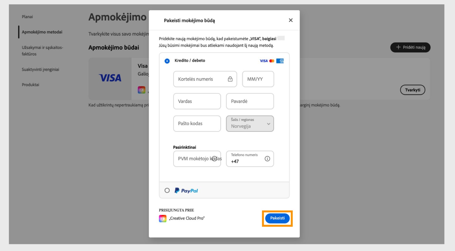 Mokėjimo būdo pakeitimo langas suteikia galimybę pakeisti esamą mokėjimo būdą nauju būdu, kai įvesite naują mokėjimo informaciją.