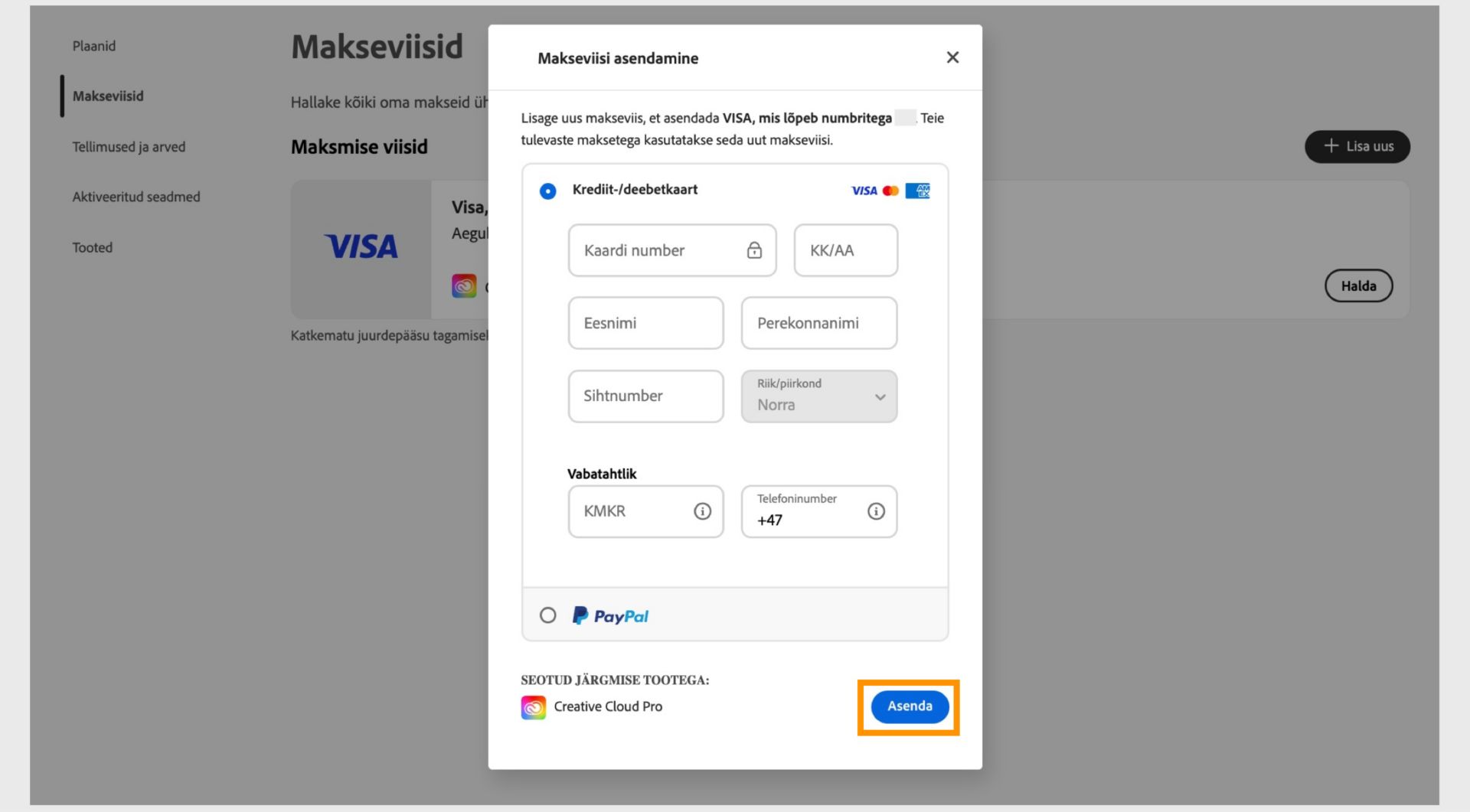 Pärast uue makseteabe sisestamist saate aknas Asenda makseviis olemasoleva makseviisi uuega asendada.