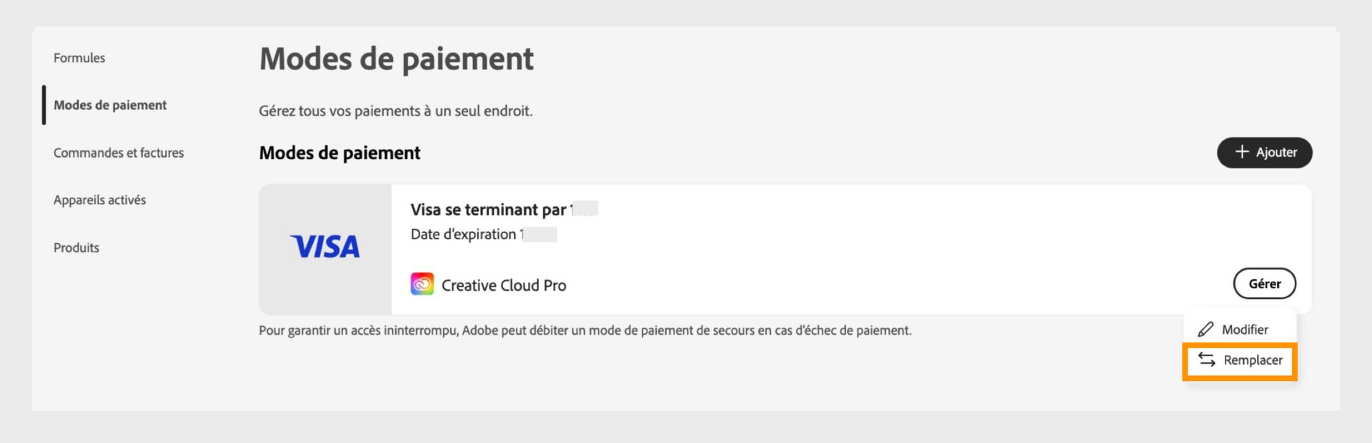 Le menu de gestion des paiements s’ouvre lorsque vous sélectionnez Gérer. Le menu offre l’option de remplacer le mode de paiement si un abonnement est lié à cette méthode. 