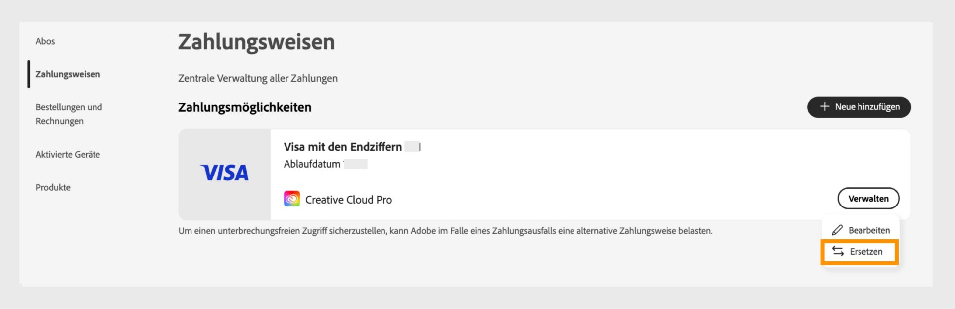 Das Menü zum Verwalten der Zahlung öffnet sich, wenn du „Verwalten“ auswählst.Das Menü bietet die Option, die Zahlungsmethode zu ersetzen, wenn ein Abo mit der Methode verknüpft ist.