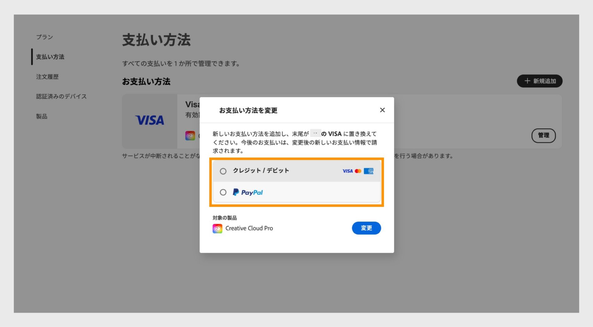 置換ウィンドウでは、クレジットカードやデビットカード、ペイパルなどの新しい支払い方法を選択できます。
