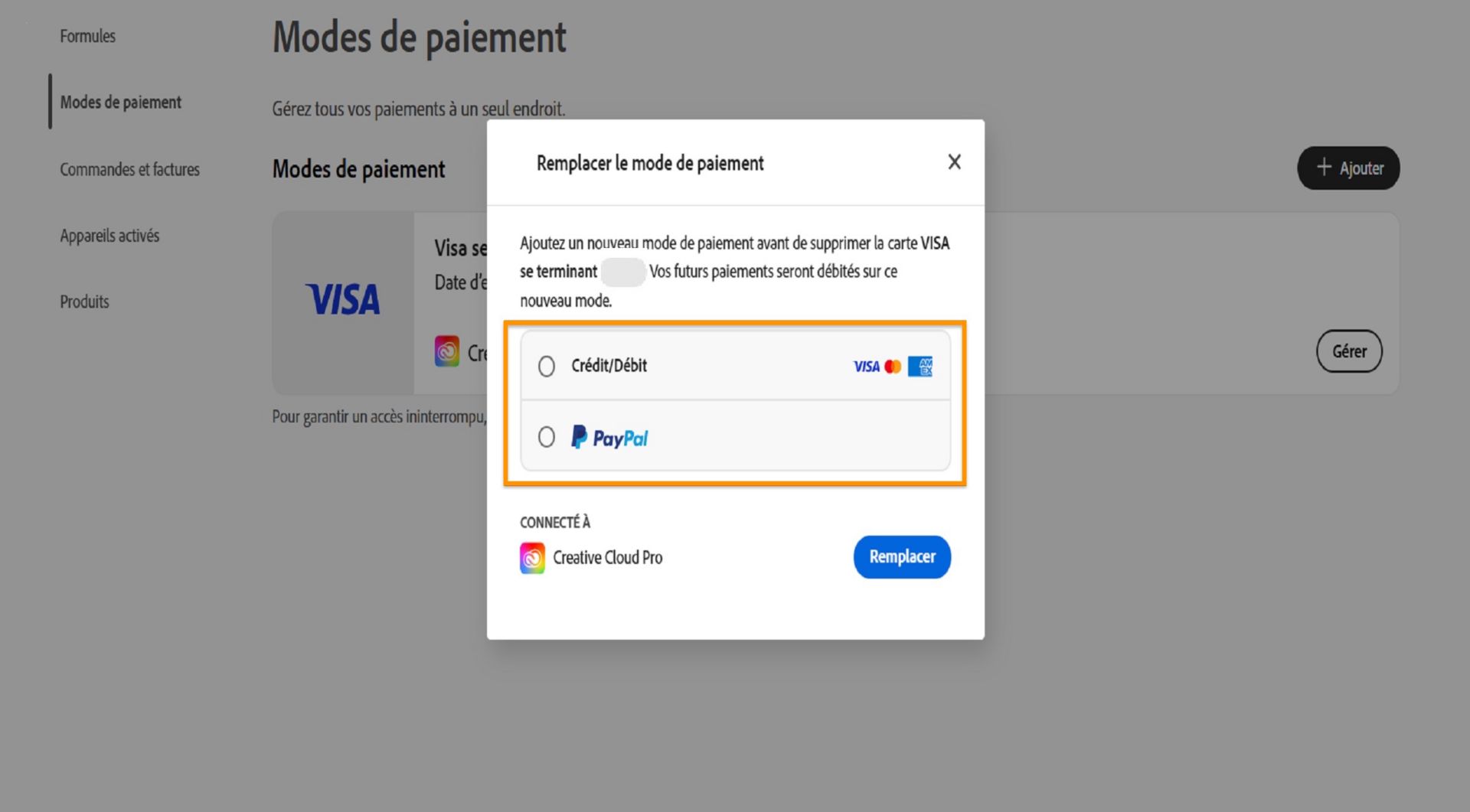 La fenêtre Remplacer offre la possibilité de sélectionner un nouveau mode de paiement, tel que Carte de crédit ou de débit et PayPal. 