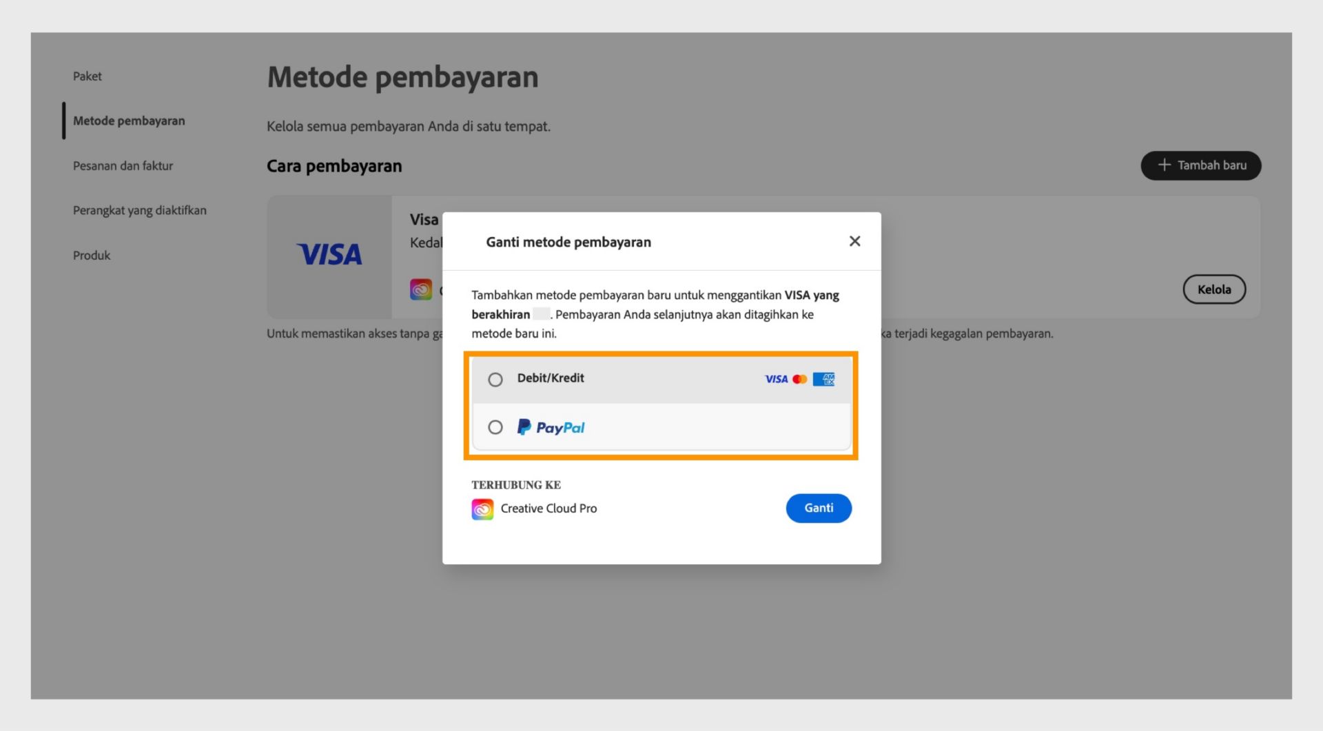 Jendela Ganti menyediakan opsi untuk memilih metode pembayaran baru, seperti Kredit atau debit, dan PayPal.