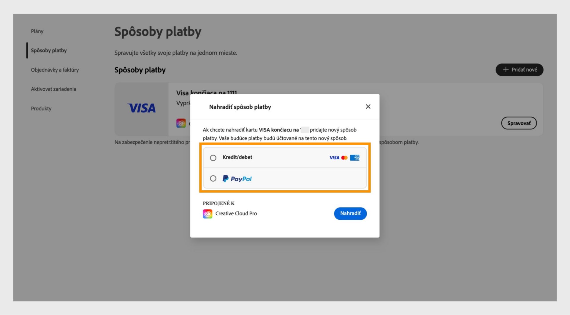 Okno Nahradiť poskytuje možnosť vybrať nový spôsob platby, ako napríklad kreditná alebo debetná karta a PayPal.