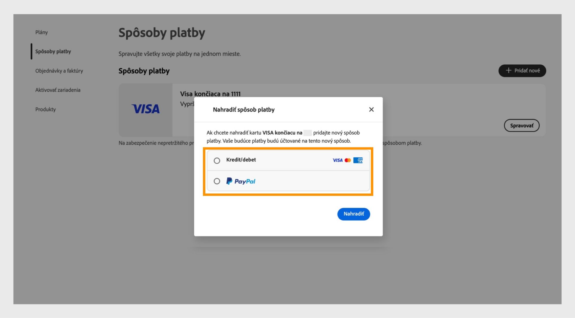 Okno Zamenjaj ponuja možnost izbire novega načina plačila, kot sta kreditna ali debetna kartica in PayPal.