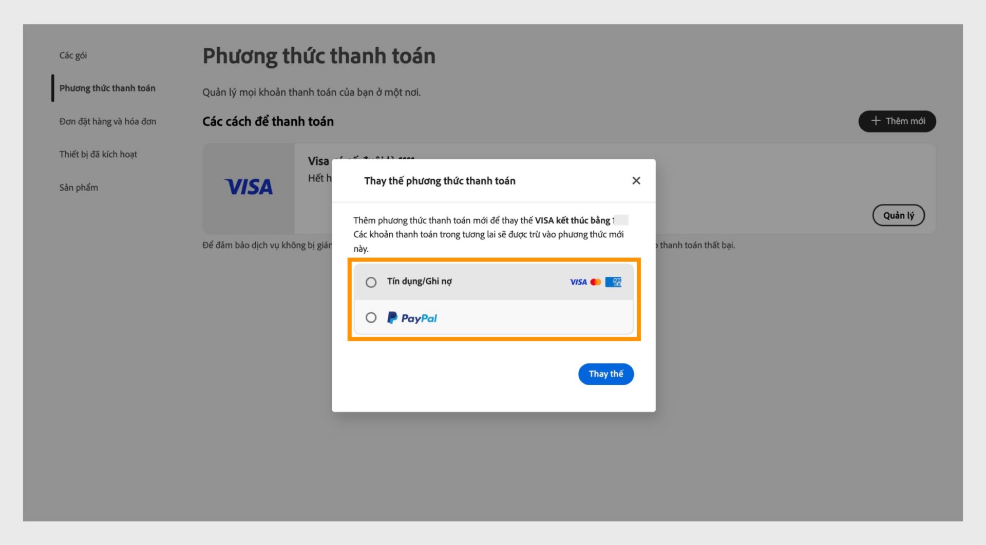 Cửa sổ Thay thế cung cấp tùy chọn chọn phương thức thanh toán mới, chẳng hạn như Thẻ tín dụng hoặc ghi nợ và PayPal.