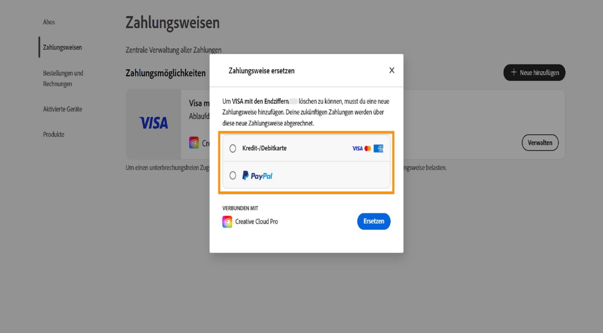 Das Fenster „Ersetzen“ bietet die Option, eine neue Zahlungsmethode auszuwählen, wie Kredit- oder Debitkarte und PayPal.