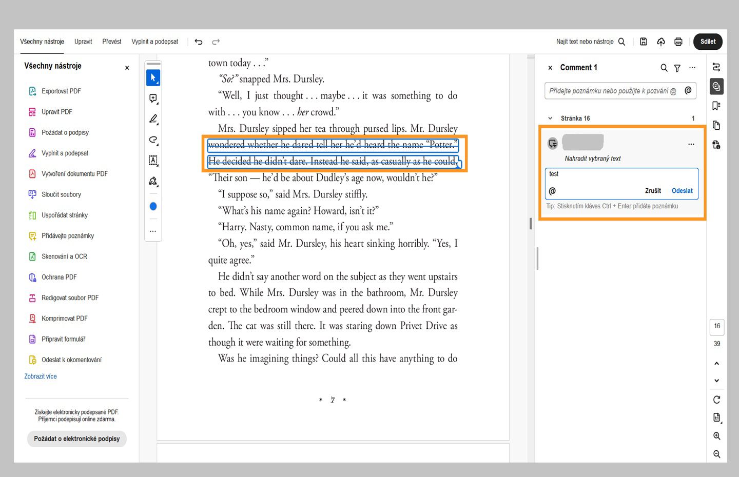 Při psaní dojde k přeškrtnutí vybraného textu. Mezitím se zobrazí ikona předběžné verze a poznámka se zvýrazní.