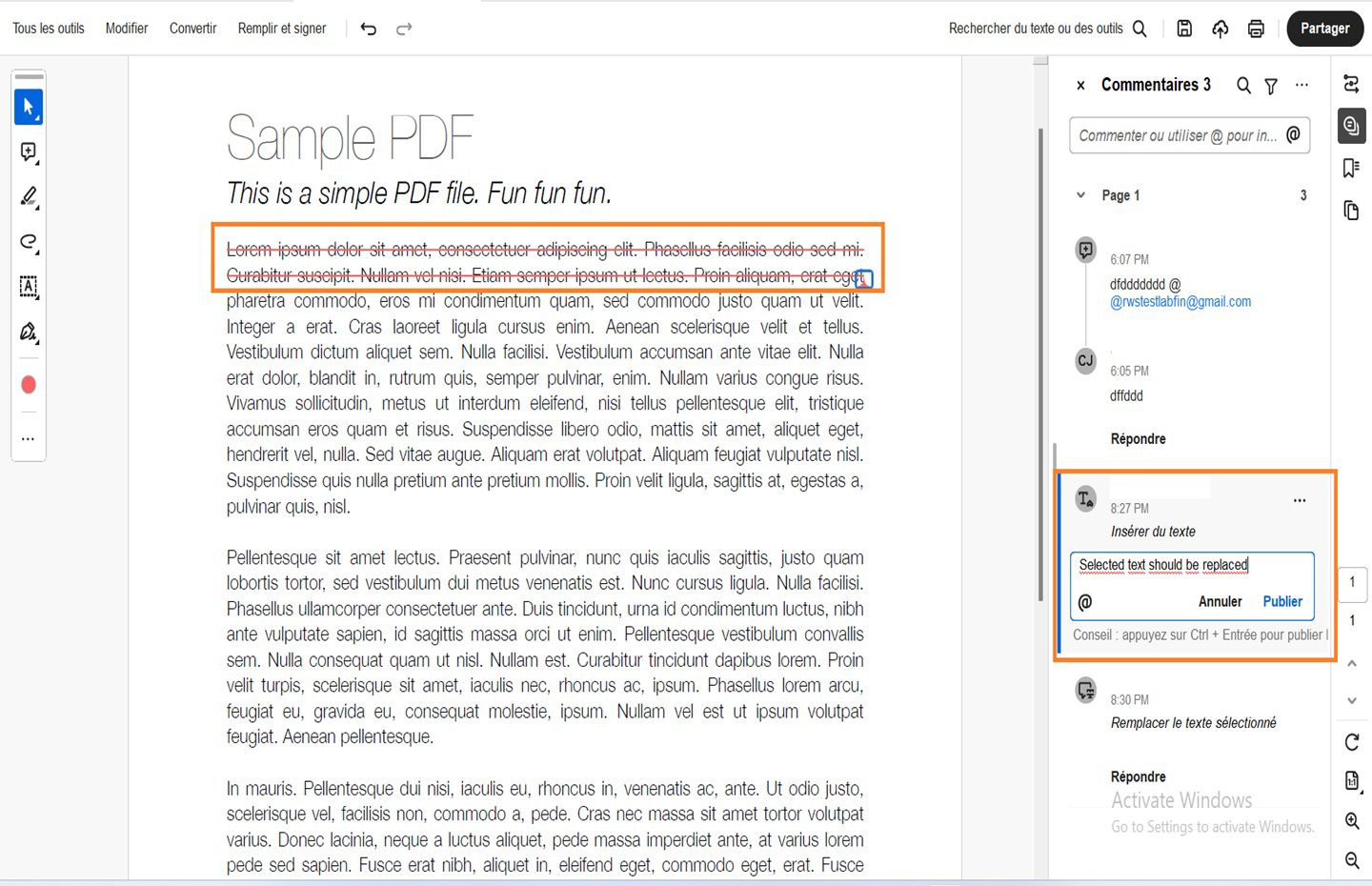 Au fil de votre saisie, le texte sélectionné est barré. Une icône de brouillon s’affiche et le commentaire est mis en avant.