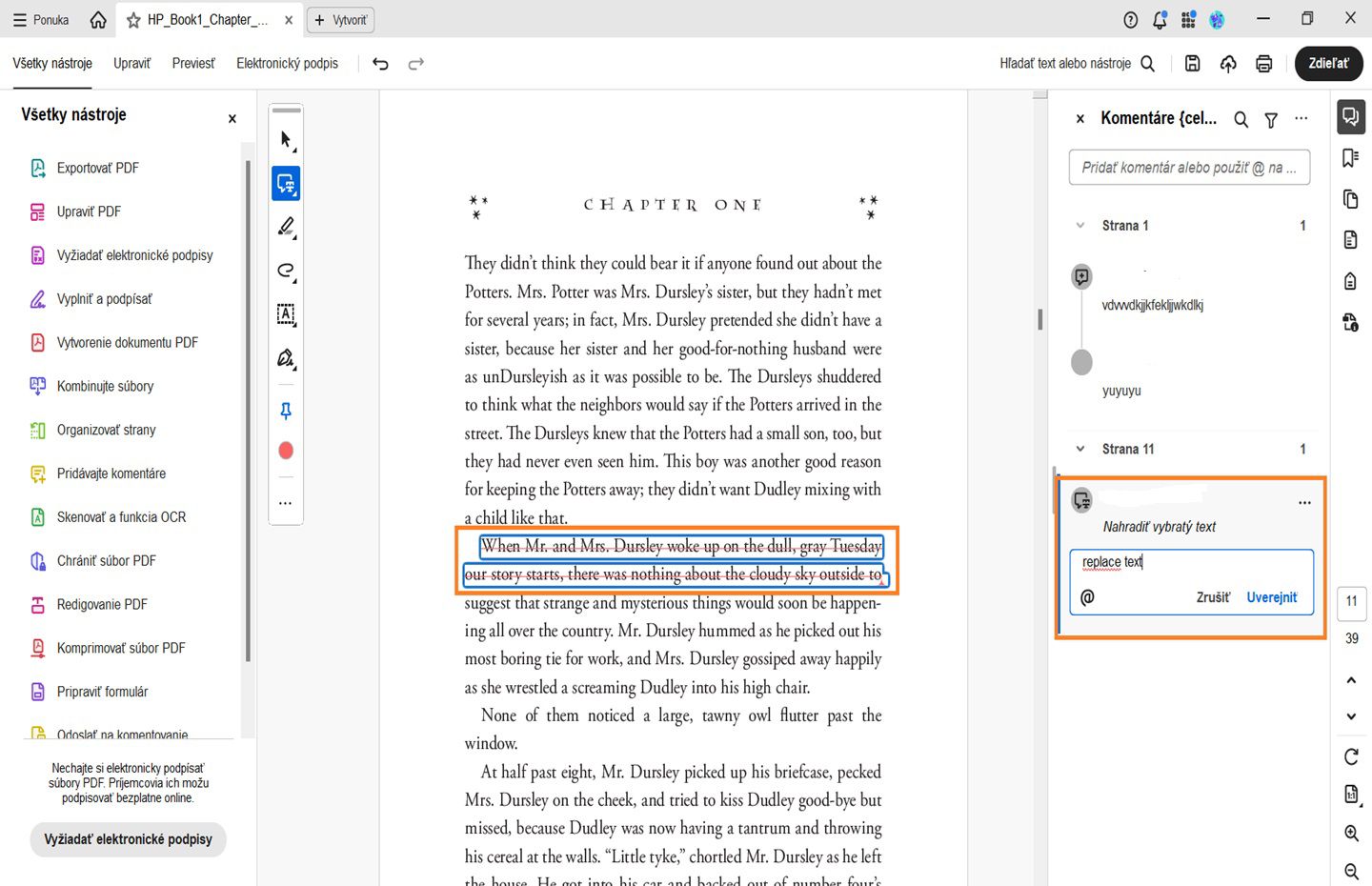 Počas písania je vybratý text prečiarknutý. Medzitým sa objaví ikona konceptu a komentár je zaostrený.