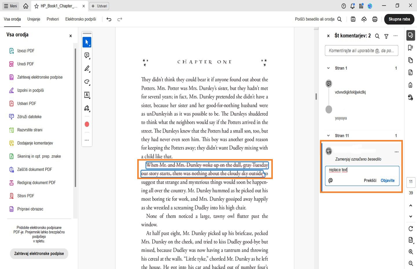 Ko tipkate, bo izbrano besedilo prečrtano. Medtem se prikaže ikona osnutka in komentar je v ospredju.