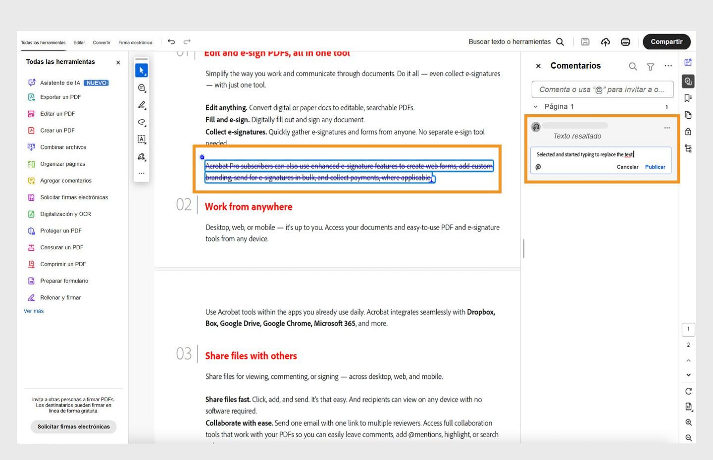 A medida que escribes, el texto seleccionado se tacha. Mientras tanto, aparece un icono de borrador y el comentario está resaltado.
