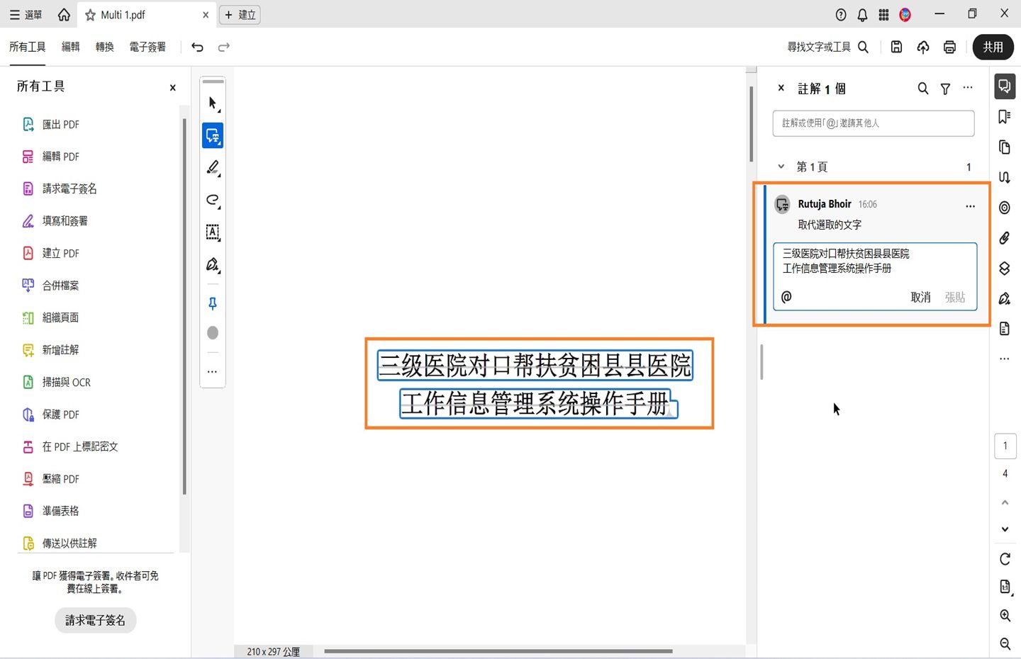 當您輸入文字時，所選取的文字上會出現刪除線。同時，畫面上會出現草稿圖示，並對焦於註解。