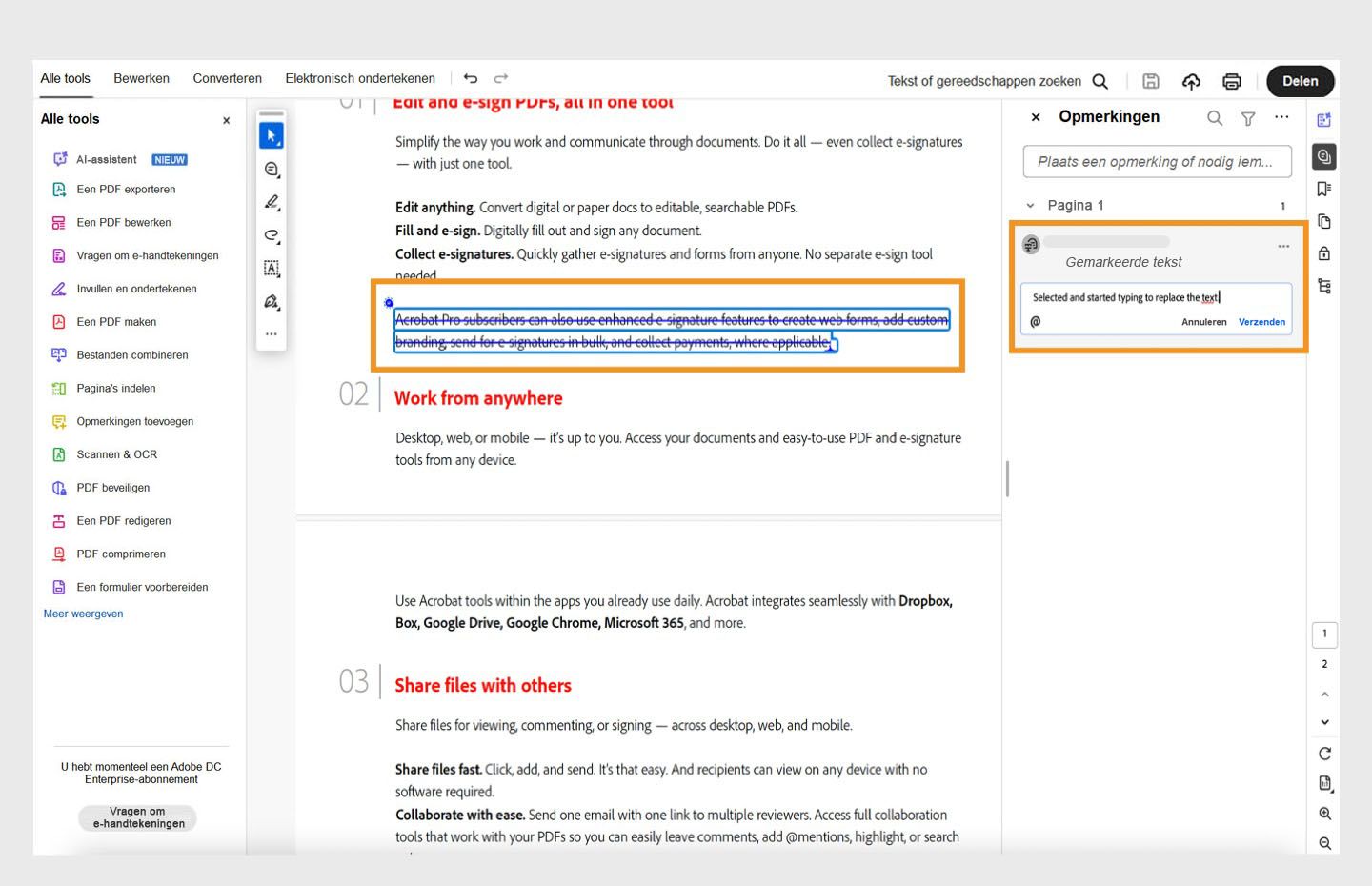 Terwijl u typt, wordt de geselecteerde tekst doorgestreept. Ondertussen verschijnt er een conceptpictogram en wordt de opmerking met focus weergegeven.
