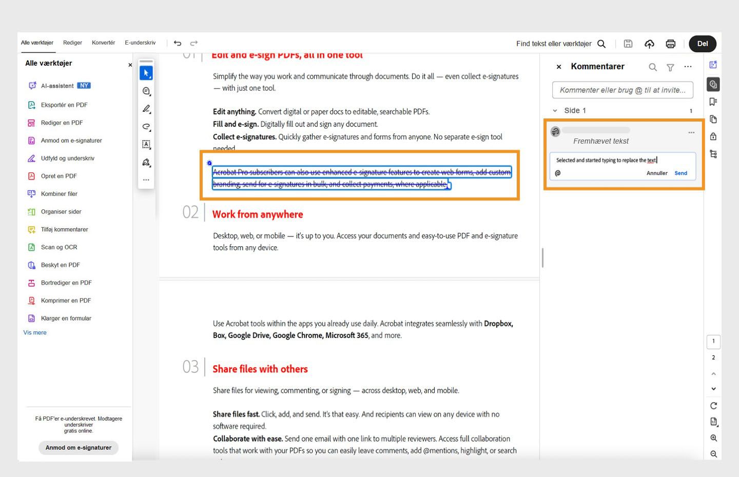Mens du skriver, gennemstreges den markerede tekst. I mellemtiden vises et kladdeikon, og kommentaren er i fokus.