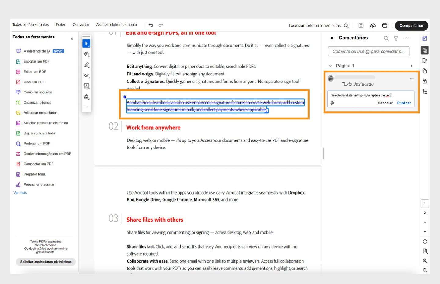À medida que você digita, o texto selecionado é tachado. Enquanto isso, um ícone de rascunho aparece e o comentário é destacado.