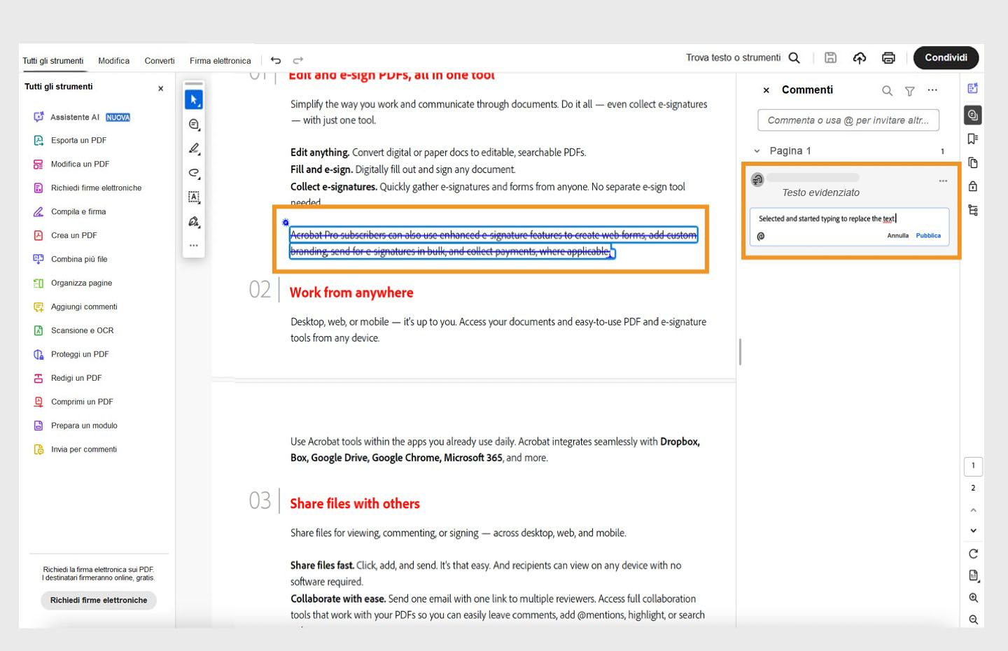 Al momento della digitazione, il testo selezionato viene barrato. Nel frattempo, si apre un’icona di bozza e il commento è attivo.