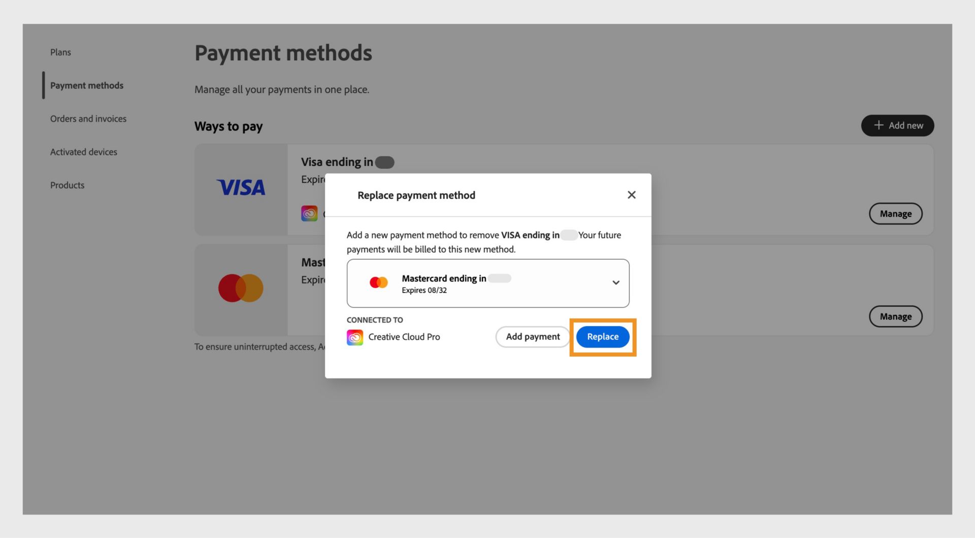 Le menu déroulant de la fenêtre Remplacer le mode de paiement vous permet de remplacer le mode de paiement existant par une méthode de sauvegarde.
