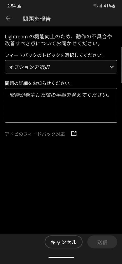 問題の報告画面の 2 つのフィールドでは、フィードバックのトピックを選択し、問題について説明します。「キャンセル」ボタンと「送信」ボタンも表示されます。