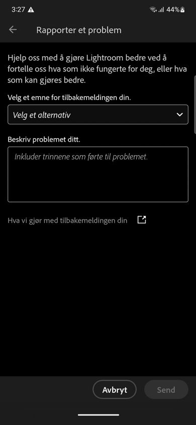 Skjermen Rapporter et problem vises med to felt for å velge tilbakemeldingsemne og problembeskrivelse med avbryt- og send-knapp.