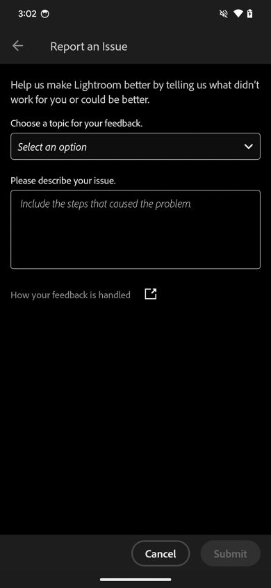 Report an issue screen is displayed with two fields of choose a topic of feedback and description of issue with cancel and submit button.
