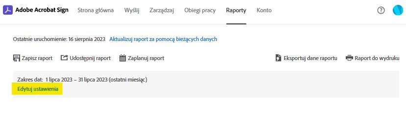 Opcja strony raportu – edytuj ustawienia