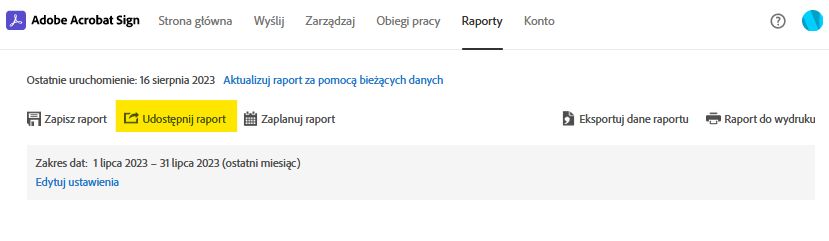 Opcja strony raportu – udostępnij raport