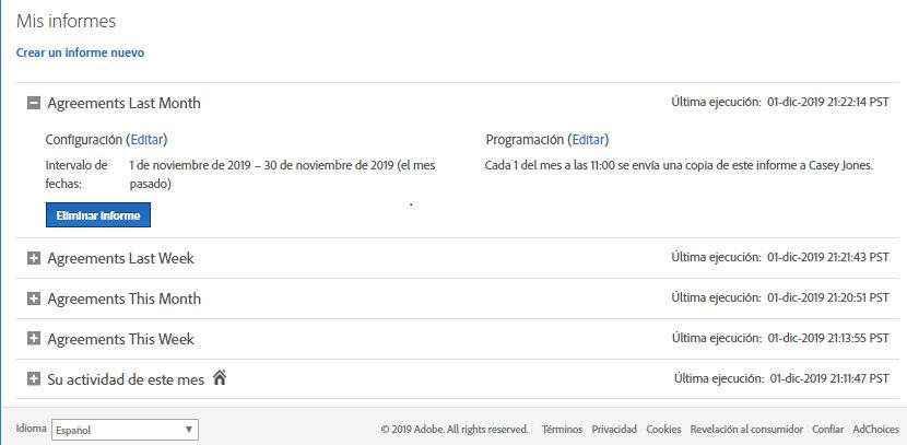 Interfaz de la página de informes