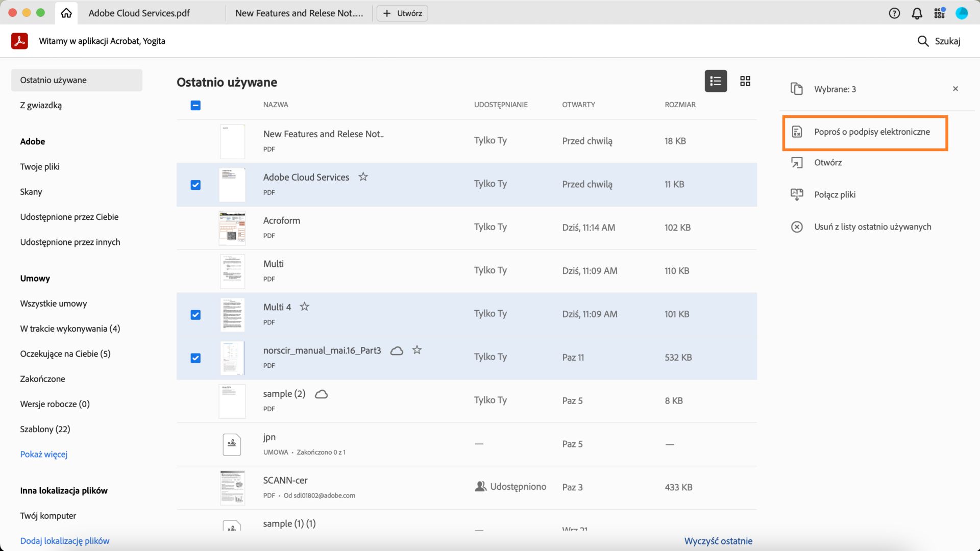 Prośba o podpisy elektroniczne dla wielu plików