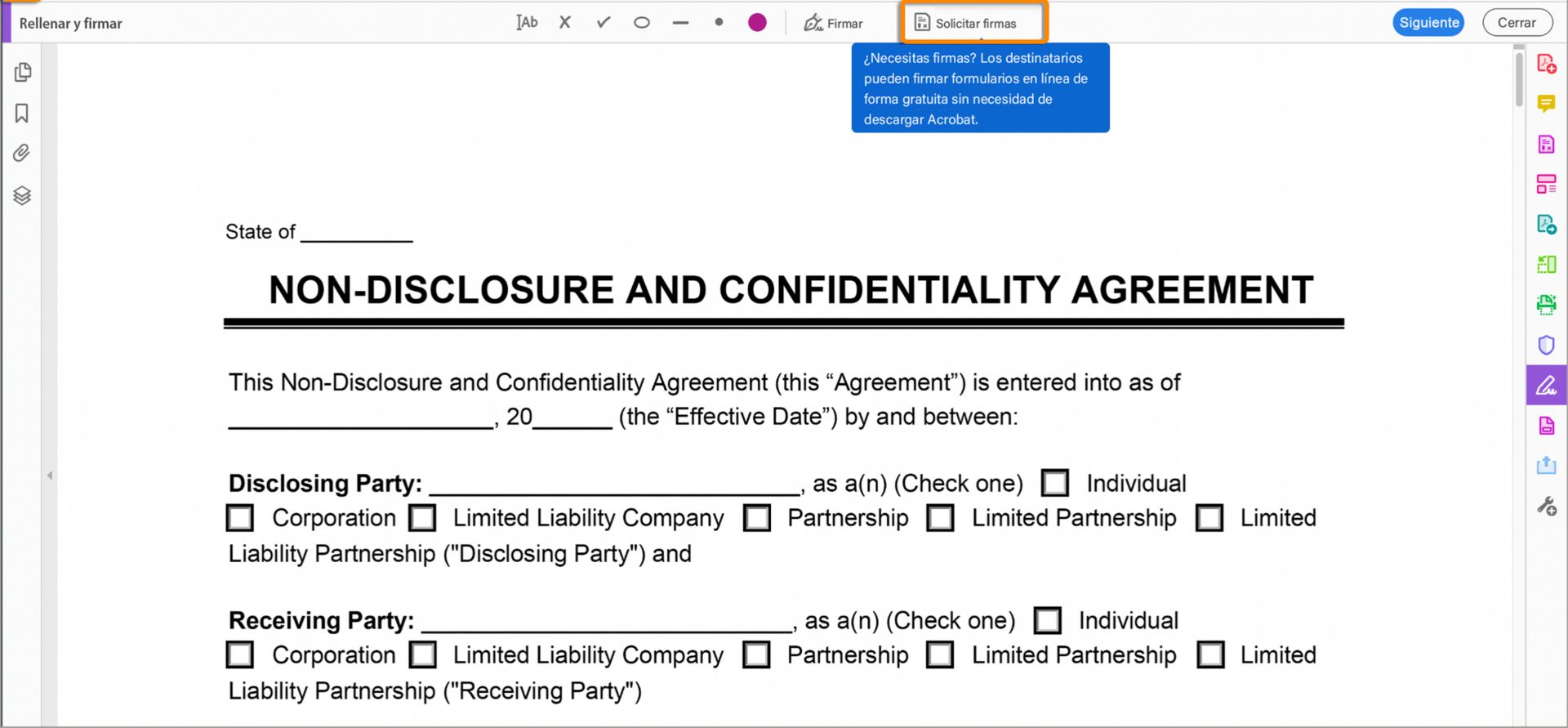 Mensaje Solicitar firma