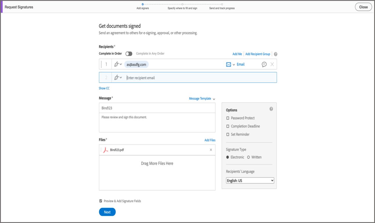 Adobe Sign - एडवांस्ड विकल्प