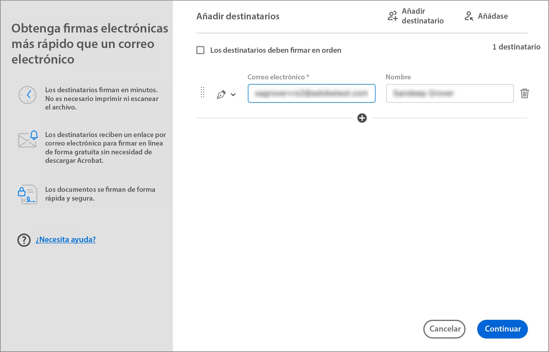 Experiencia actual al usar la función Solicitar firmas electrónicas