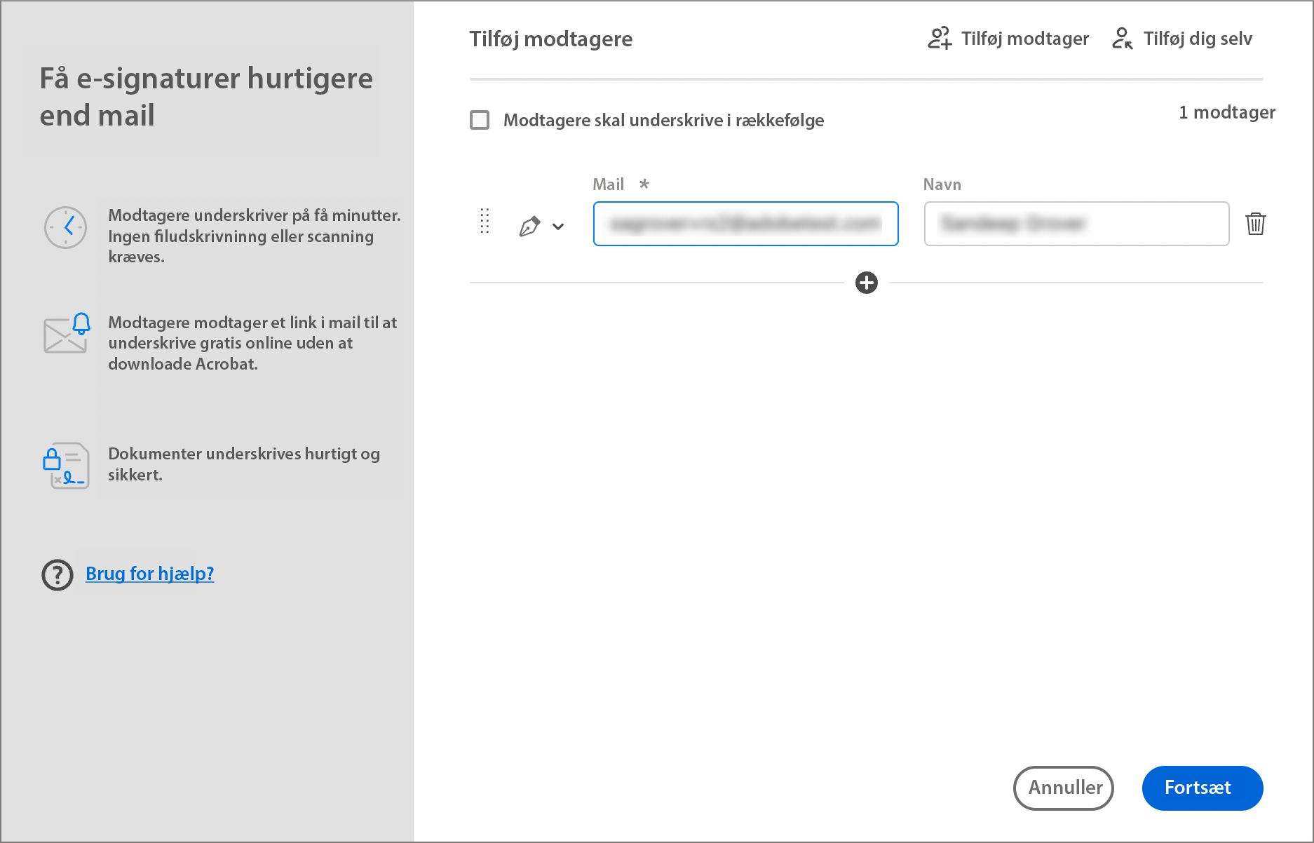 Nuværende oplevelse Anmod om signaturer