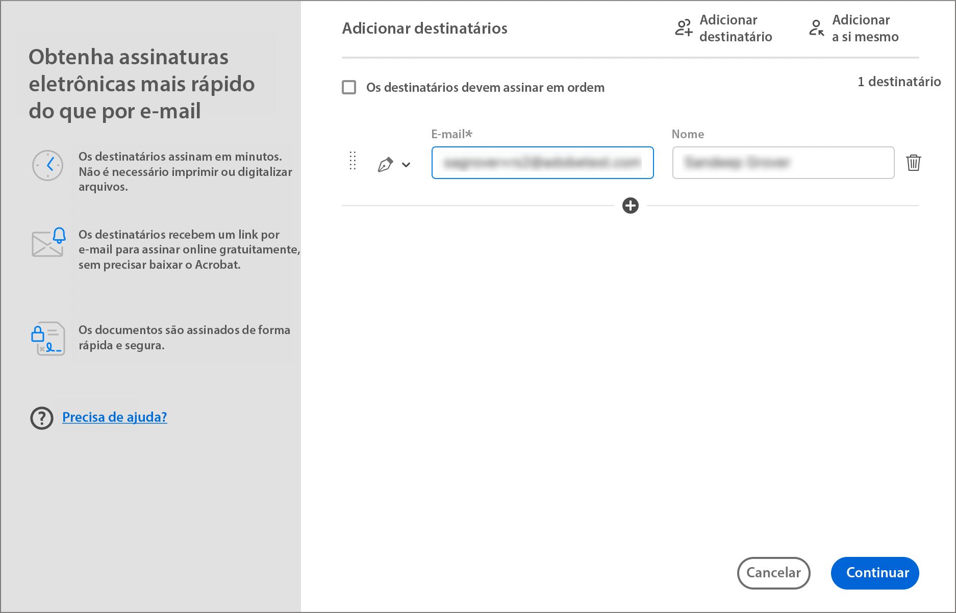 Experiência atual de solicitação de assinaturas