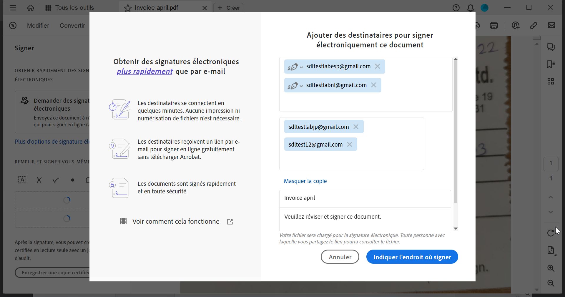Outil de demande de signatures électroniques