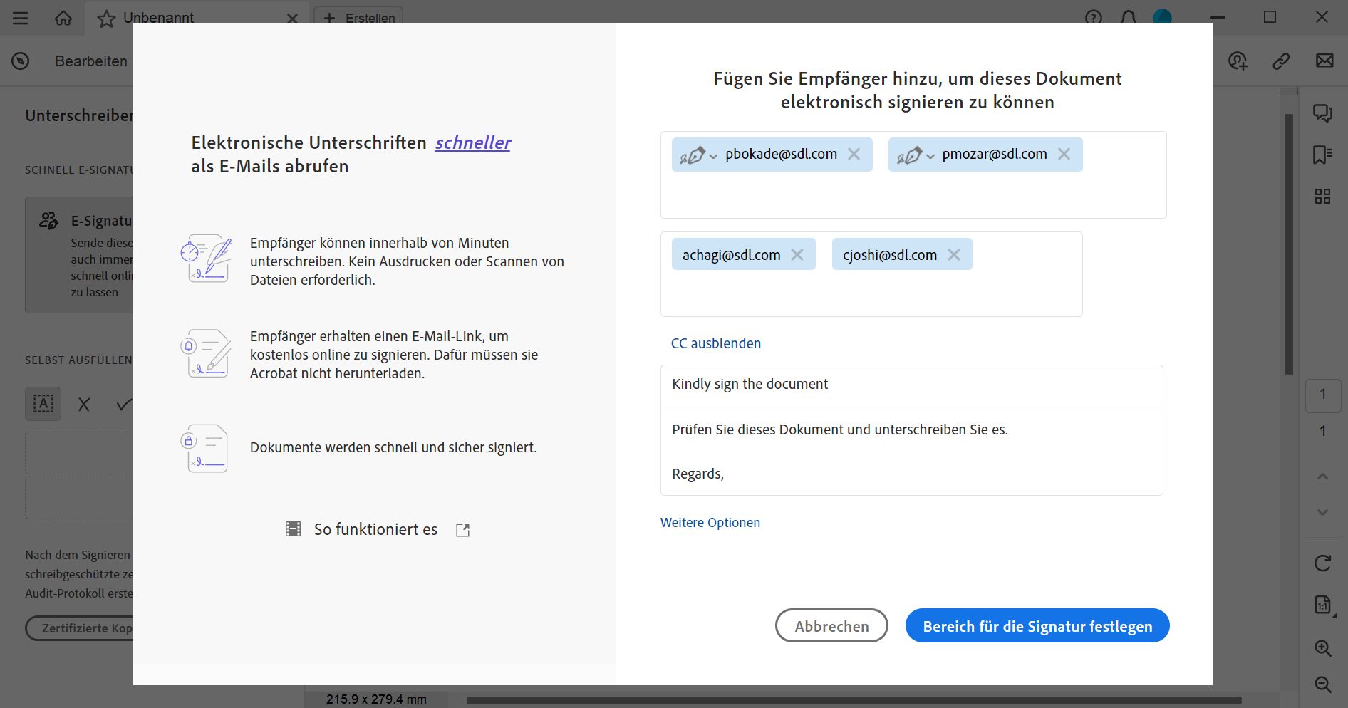 Werkzeug „Signaturen anfordern“
