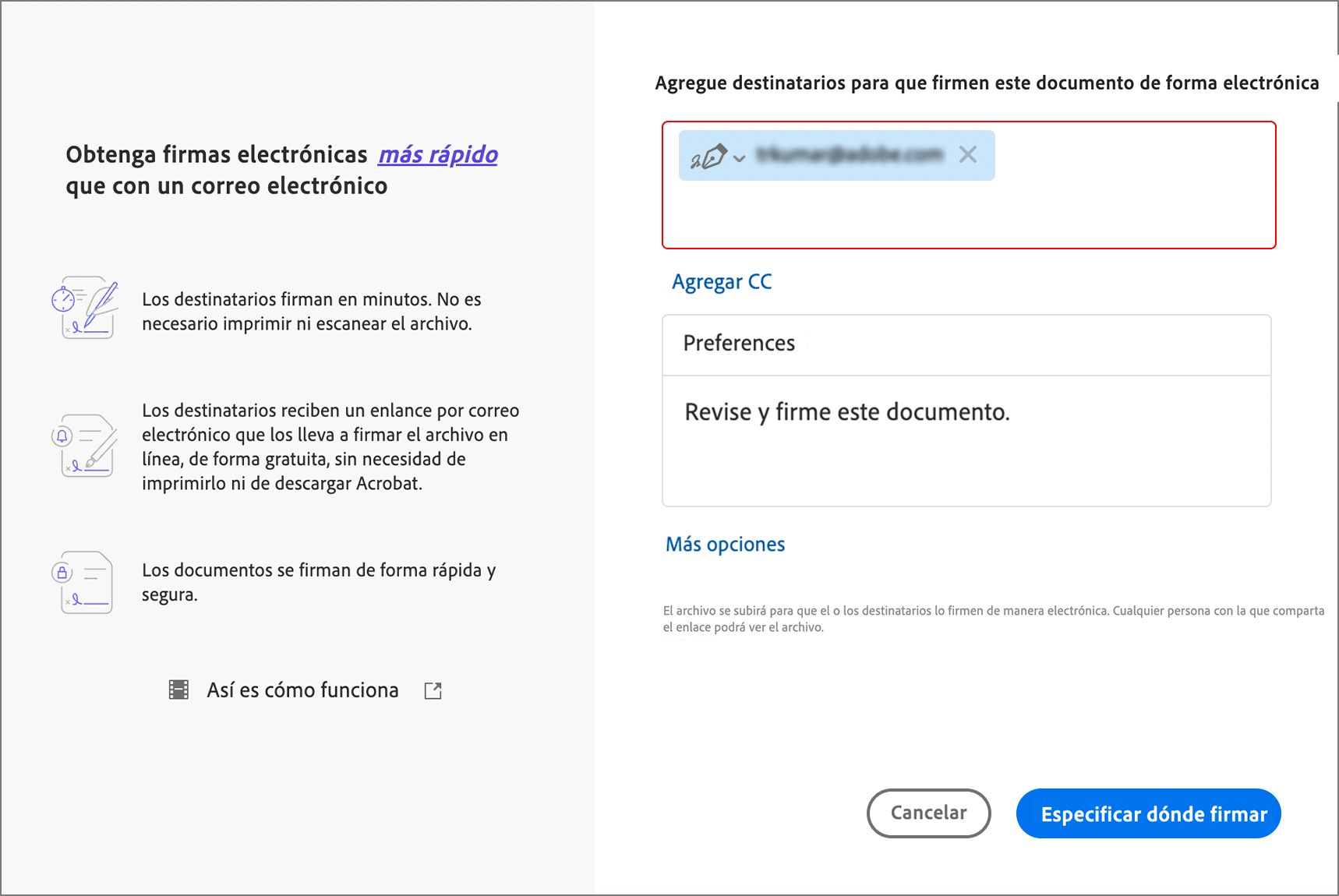 Experiencia anterior al usar la función Solicitar firmas electrónicas