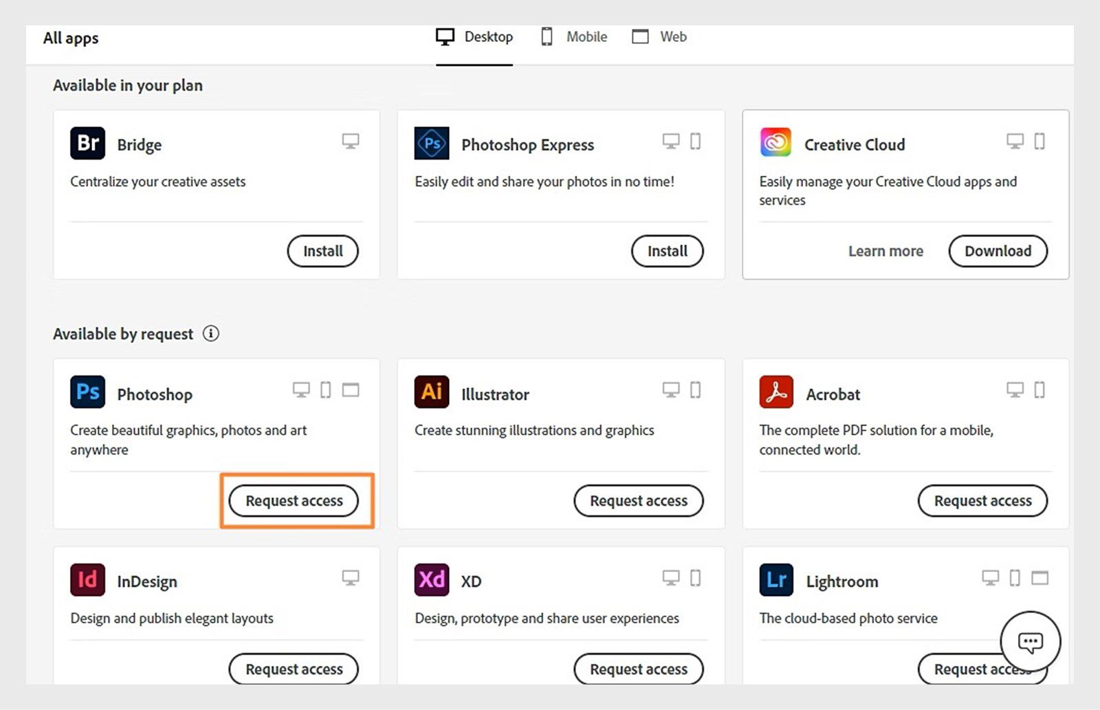 Una captura de pantalla de Creative Cloud en la web que muestra las aplicaciones disponibles mediante solicitud con el botón Solicitar acceso para Photoshop resaltado.