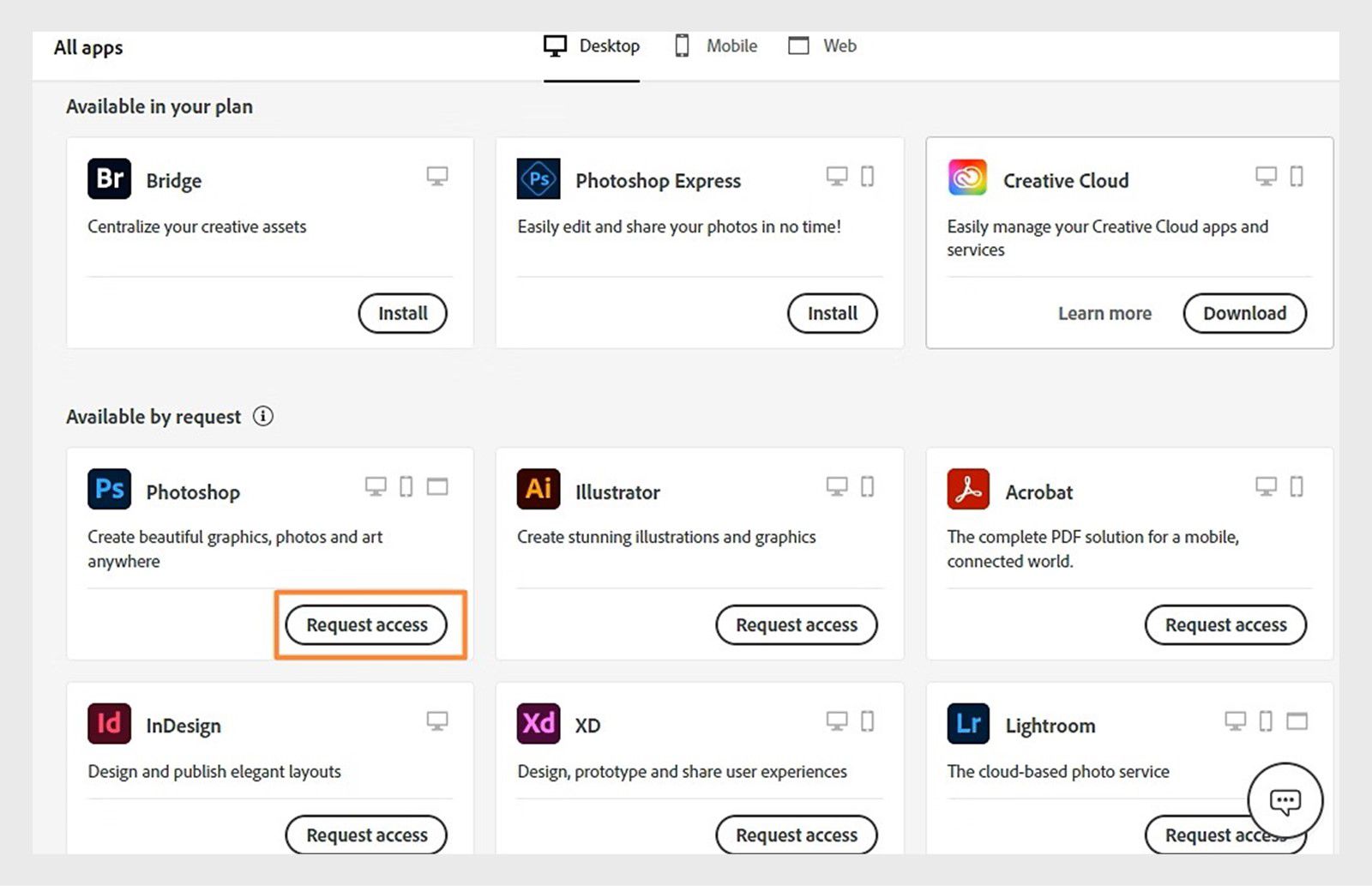 Zrzut ekranu przedstawiający serwis Creative Cloud z aplikacjami dostępnymi na żądanie i wyróżnionym przyciskiem „Poproś o dostęp” obok programu Photoshop.