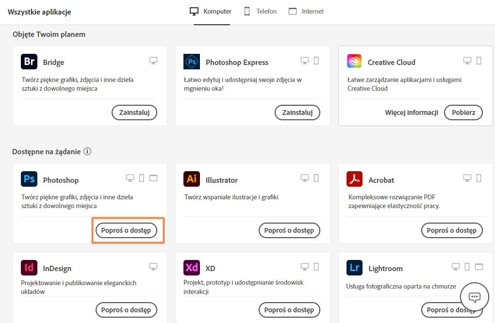 Program Creative Cloud Desktop z podświetlonym przyciskiem Poproś o dostęp