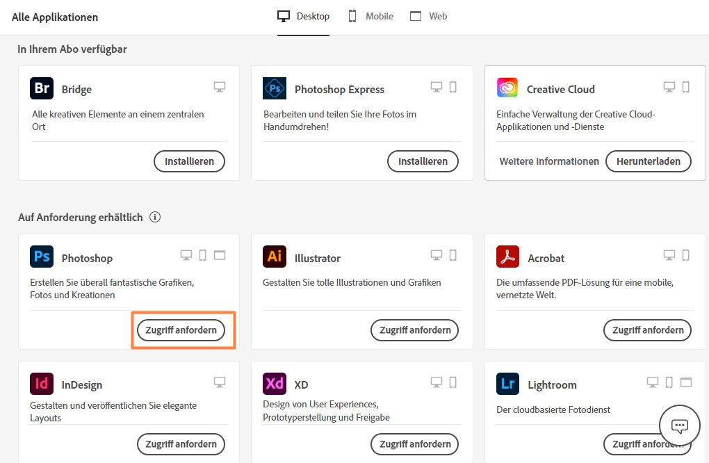 Creative Cloud-Desktop-Applikation mit hervorgehobener Schaltfläche „Zugriff anfordern“