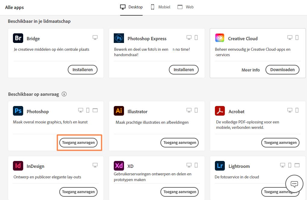 Creative Cloud desktop-app waarbij de knop Toegang aanvragen is gemarkeerd